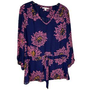 Banana Republic Navy & Pink Floral V-Neck Blouse With Tie Waist  -‎ Size Large